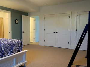 Bedroom with light carpet and multiple closets