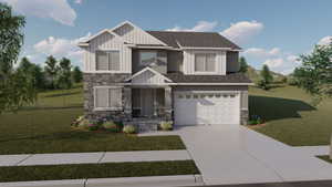 Craftsman inspired home with a front lawn, board and batten siding, stone siding, concrete driveway, and an attached garage