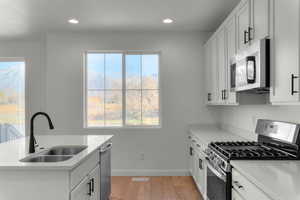 Kitchen with white cabinetry, appliances with stainless steel finishes, light wood-type flooring, a center island with sink, and recessed lighting