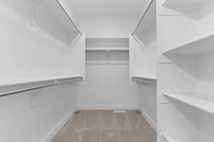Walk in closet with light carpet
