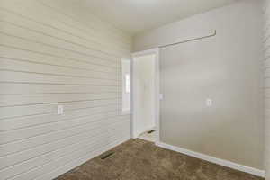 Carpeted empty room featuring wood walls and baseboards