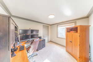 Office featuring light carpet and crown molding
