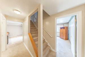 Stairway with carpet flooring and a textured ceiling