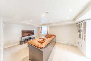 Family area featuring a raised ceiling, light carpet, recessed lighting, and a textured ceiling