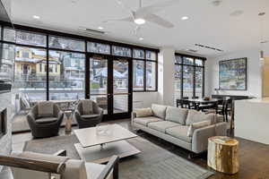 Community lobby with floor to ceiling windows
