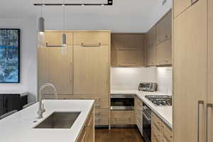 Kitchen featuring hanging light fixtures, modern cabinets, stainless steel appliances, dark wood finished floors, and light stone countertops