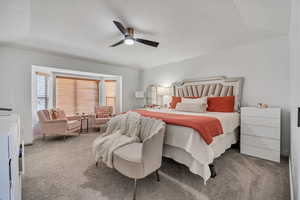 Bedroom with carpet flooring and ceiling fan