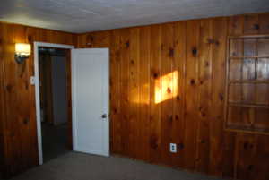 Empty room with wooden walls and carpet floors