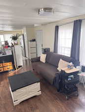Living area with healthy amount of natural light, dark wood-type flooring, and a textured ceiling