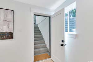 Staircase featuring wood finished floors