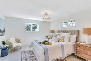 Bedroom with carpet flooring, multiple windows, and a textured ceiling