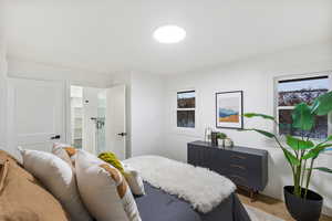 Bedroom with a spacious closet and wood finished floors