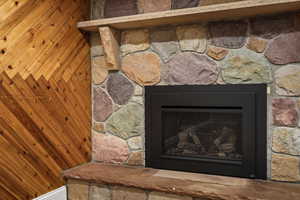 Detailed view of a stone fireplace