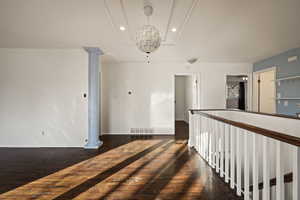Unfurnished room with dark wood-type flooring, recessed lighting, and ceiling fan