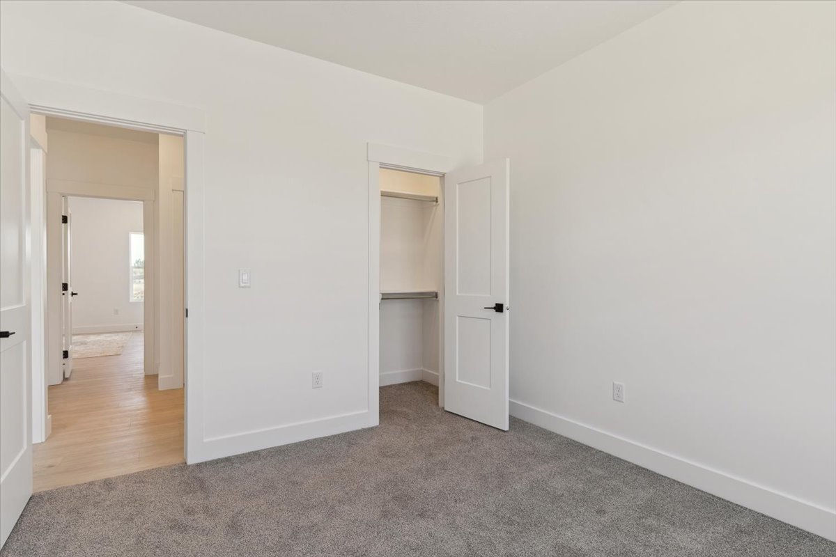 Unfurnished bedroom featuring light carpet and a spacious closet