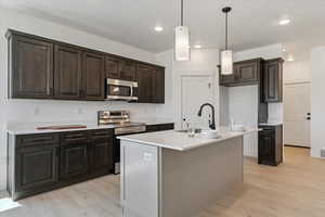 Kitchen with stainless steel appliances, dark brown cabinetry, light wood-style flooring, and recessed lighting
