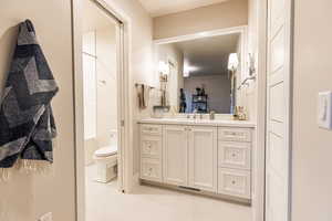Bathroom featuring vanity and shower / bath combination