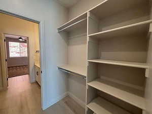 Spacious closet featuring light wood-style floors and ceiling fan
