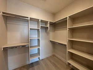 Walk in closet with light wood-style floors