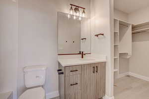 Bathroom featuring vanity, a walk in closet, and light wood-type flooring