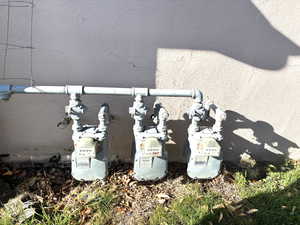Exterior view of gas meter and stucco siding