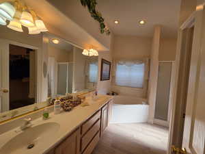 Bathroom with a jetted tub, double vanity, a shower stall, a spacious closet and plant shelf