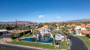Aerial perspective ofclubhouse with a water and mountain view