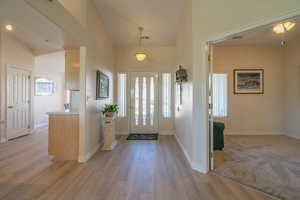 Entrance foyer featuring lofted ceiling and light wood-style flooring
