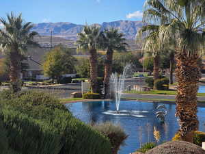 Water feature view with dolphin statue and a mountainous background