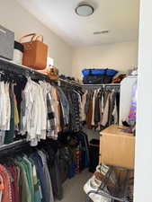 Walk in closet featuring light colored carpet