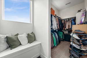 Walk in closet with carpet flooring