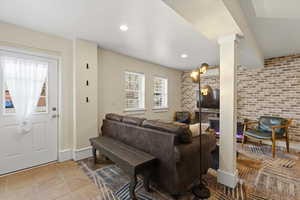 ADU living room with Mini Split and electric fireplace.