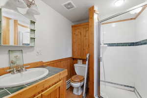 Full bath with vanity, a wainscoted wall, a stall shower, wood walls, a seperate Mini Split for heat and AC.