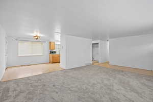 Unfurnished living room featuring light carpet