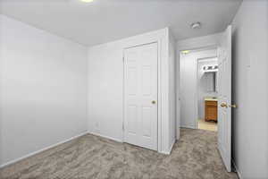 Unfurnished bedroom featuring light colored carpet and a closet