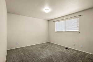 Empty room featuring a textured ceiling and carpet flooring