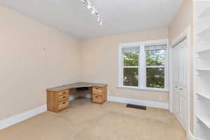 Unfurnished office featuring light carpet and track lighting