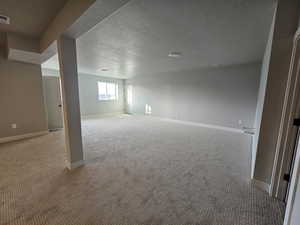 Basement with carpet and a textured ceiling