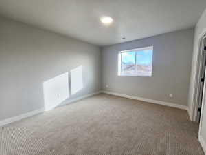 Unfurnished bedroom with a textured ceiling and carpet