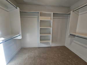 Walk in closet featuring dark colored carpet