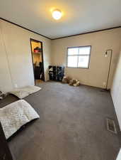 Bedroom with a closet, carpet flooring, a textured ceiling, and crown molding