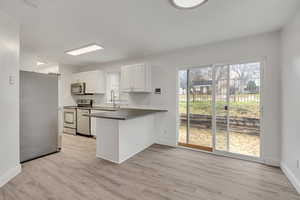 Kitchen featuring stainless steel appliances, dark countertops, a peninsula, white cabinets, and light wood-style floors