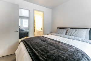 Carpeted bedroom with connected bathroom