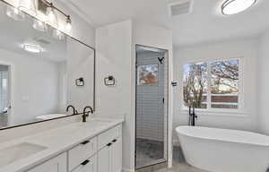 Primary bathroom featuring soft close cabinets, a glass shower door, and a stand alone tub