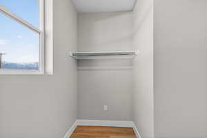 Walk in closet with light wood finished floors