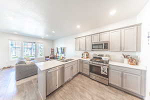 Kitchen with appliances with stainless steel finishes, a peninsula, open floor plan, gray cabinets, and recessed lighting