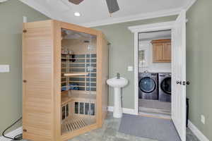 Full bathroom with a sauna, washer and clothes dryer, ornamental molding, ceiling fan, and recessed lighting