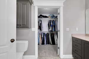 Bathroom with vanity and a walk in closet