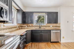 Kitchen featuring appliances with stainless steel finishes, light wood-style flooring, dark cabinets, decorative backsplash, and gray cabinets