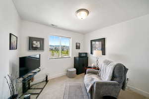 Sitting room with a textured ceiling and light carpet